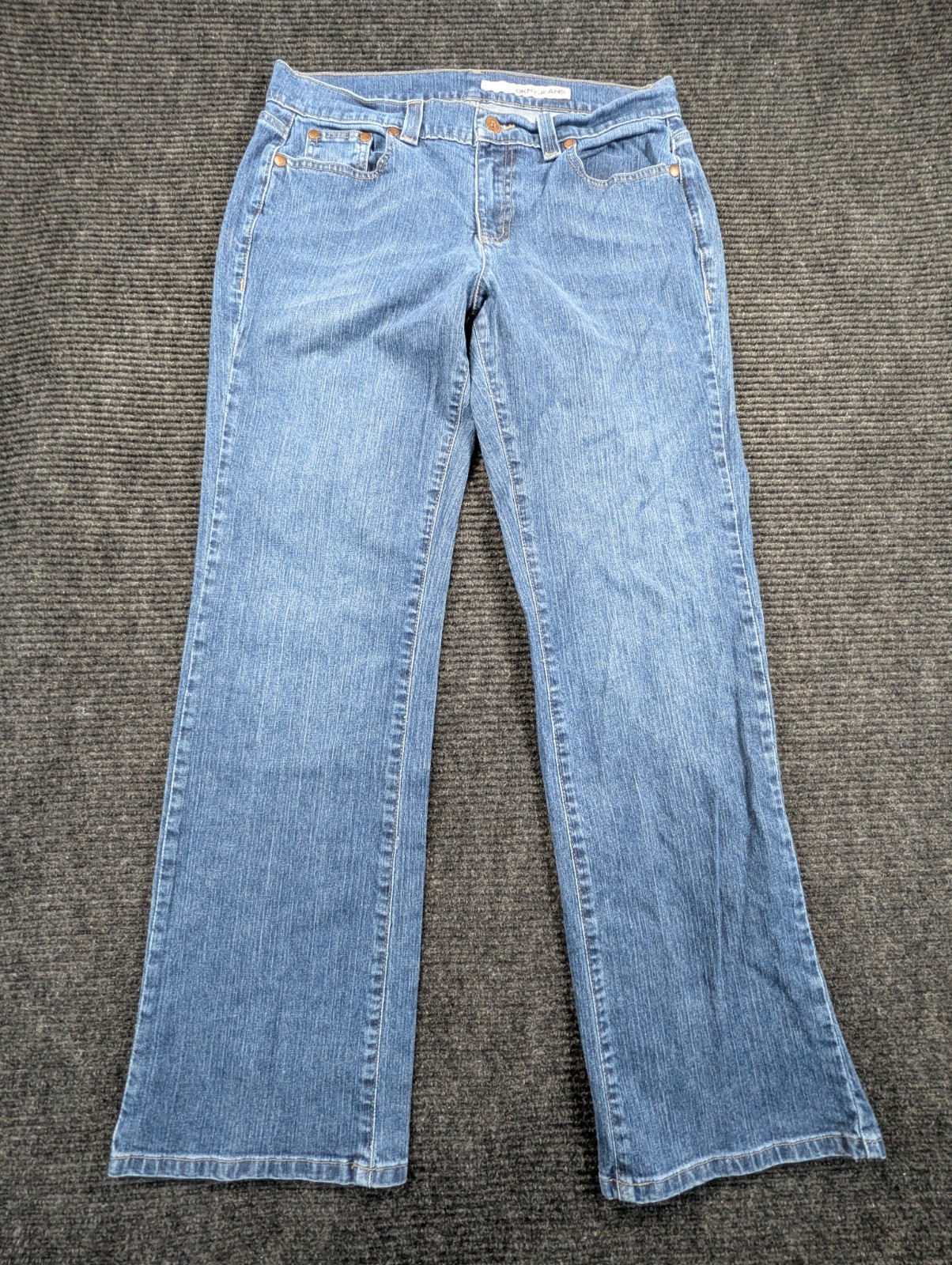 Womens 12 Blue Denim Medium Wash Rhinestone Logo Mid Rise