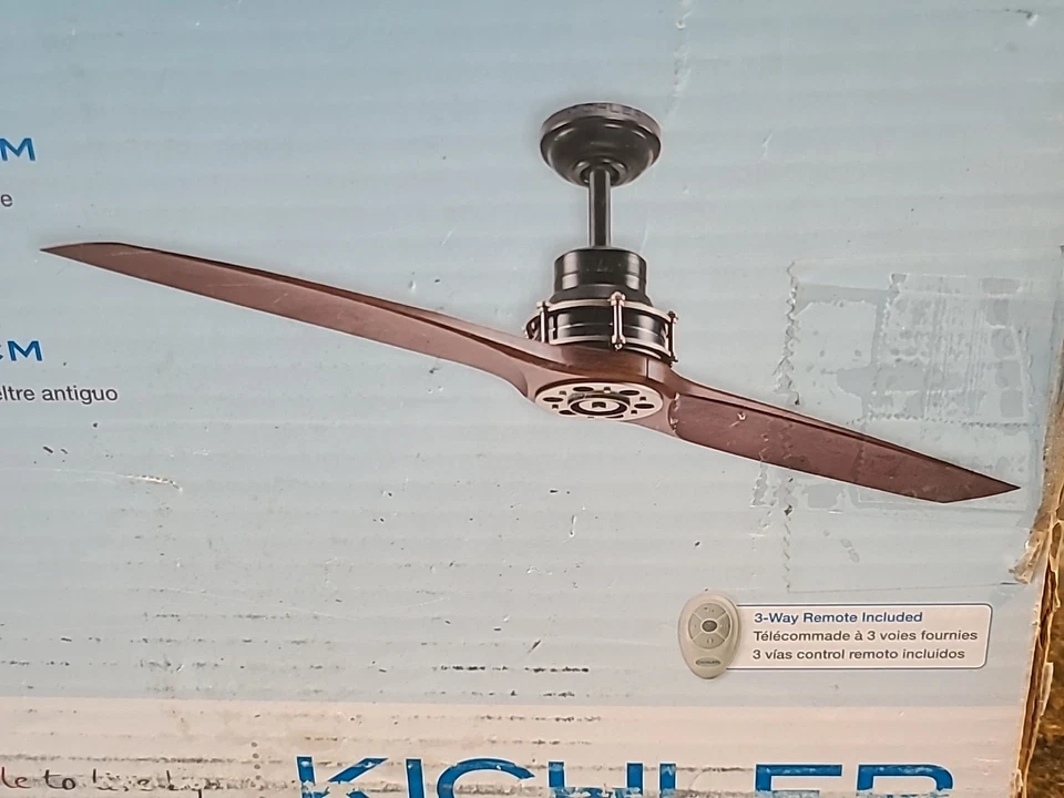 Kichler 56" Satin Black Ceiling Fan w/ Remote Control Rosewood Fin. Blades NEW - Image 2 of 4