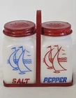 Vintage Hazel Atlas Milk Glass Salt & Pepper Shakers Red Blue Sailboats & Caddy