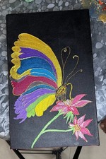Handmade Vibrant Butterfly Painting on Black Canvas, 10x16 Art Deco Indian Style