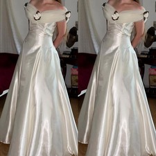 Vintage Wedding Dresses Off Shoulder Satin A Line White Ivory Bridal Gowns