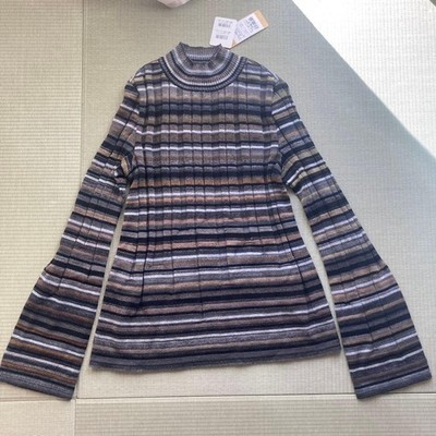 Sato Seni Striped Turtleneck Knit Long Sleeve Pullover Multicolor Brown Gray