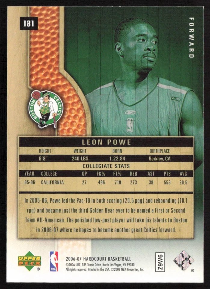 2006-07 Upper Deck Hardcourt #/1750 Leon Powe #131 Rookie Boston Celtics - Image 2 of 2