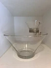 Vtg Anchor Hocking Glass Chip & Dip Bowl Set Crystal Clear Brass Metal Bracket