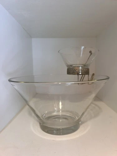 Vtg Anchor Hocking Glass Chip & Dip Bowl Set Crystal Clear Brass Metal Bracket