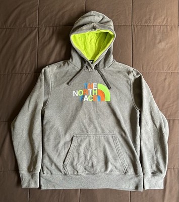 North Face Drew Peak Pullover Hoodie Mens L Gray Multicolor Logo Neon Authentic 