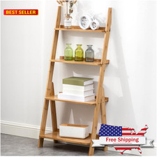 Maydear Bamboo Ladder Shelf Bookcase, 4-Tier Leaning Bookshelf Free Standing
