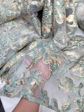 Sage Gold Floral Brocade On Clear Organza Fabric Sold By The Yard For Dress
