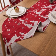 Christmas Table Runner Red Holiday Decor Snowflakes Pine Trees Dining Room Decor