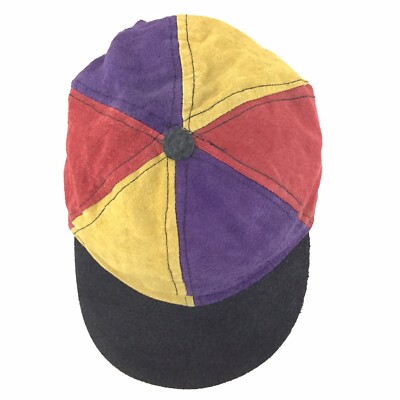 Vtg 90s Pinwheel Color Block Leather Hat Suede All Over Baseball