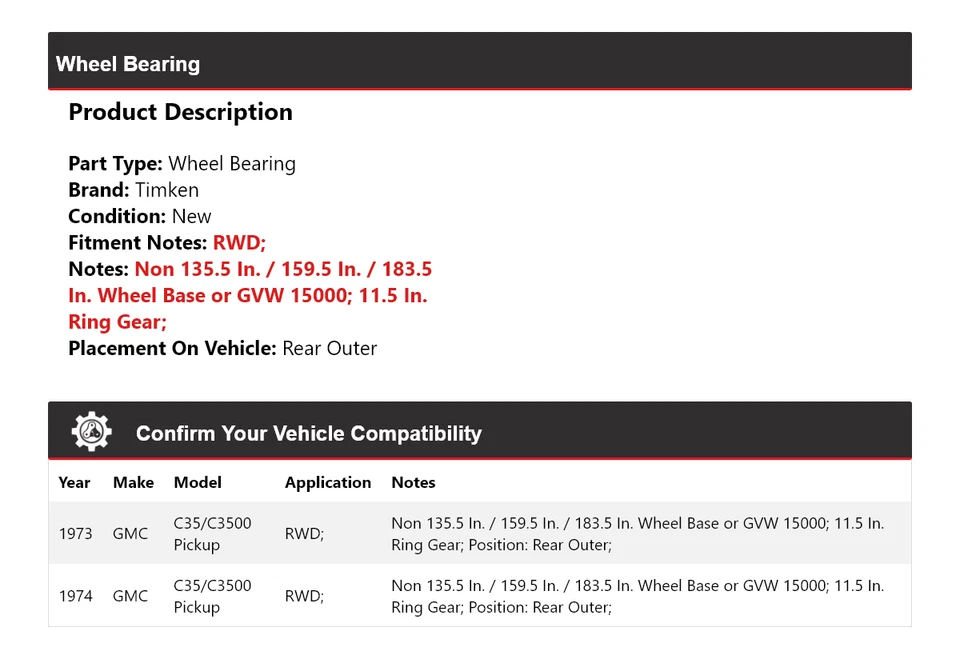 Cojinete de rueda exterior trasero Timken para camioneta GMC C35/C3500 1973-1974 Foto 2 de 4