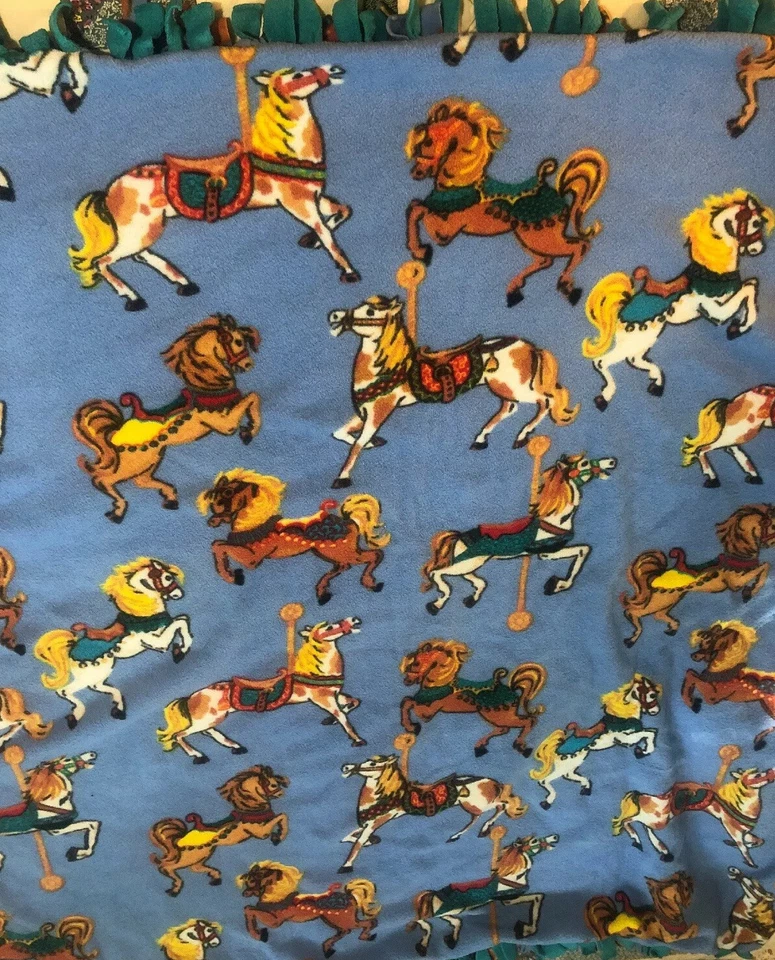 Carousel Horses Hand tied fleece throw blanket Blue With Turquoise - Image 2 of 4