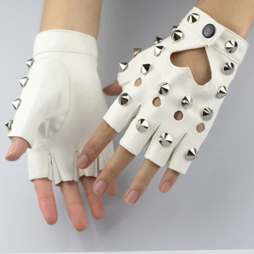 Women Faux Leather Fingerless Gloves Gothic Half Finger Stud Rivet Punk Gloves-- - Picture 16 of 29