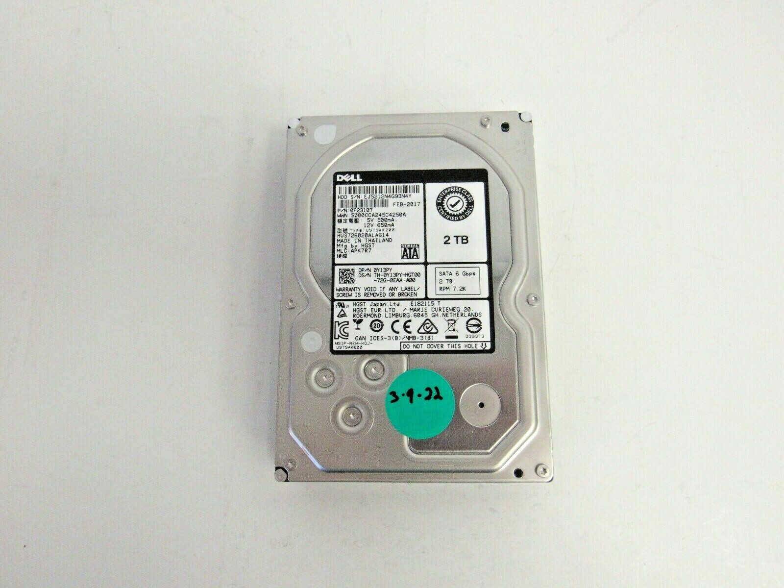 Dell Y13PY HGST HUS726020ALA614 2TB 7.2k SATA 6Gbps 128MB Cache  