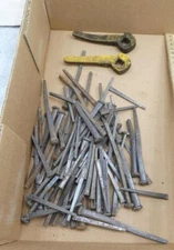 Antique Lot Of 90 Square Nails Spikes & 2 Wrench Type Tools Possibly Railroad !
