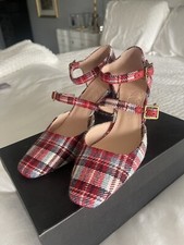 JCrew Red Blue Cream Plaid Double Buckle Pump High Heel Shoes Size 6M