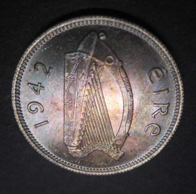 SCARCE 1942 Ireland Silver One Shilling Harp & Bull~ AU/Borderline UNC~ Free S/H