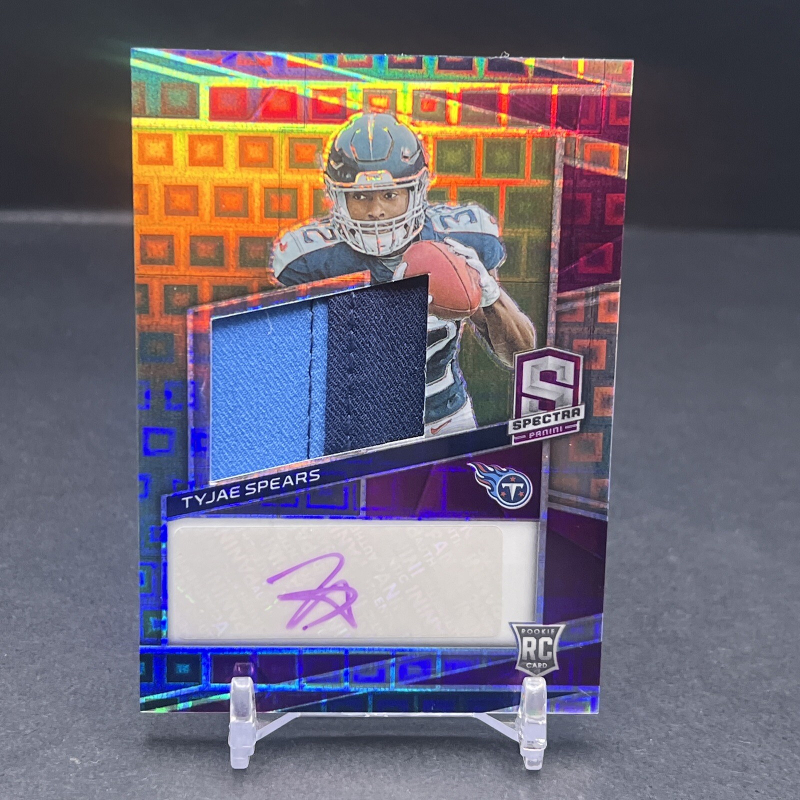 Tyjae Spears 2023 Spectra #237 Rookie Patch AUTO Purple Neon SP 30/30 Titans GS2