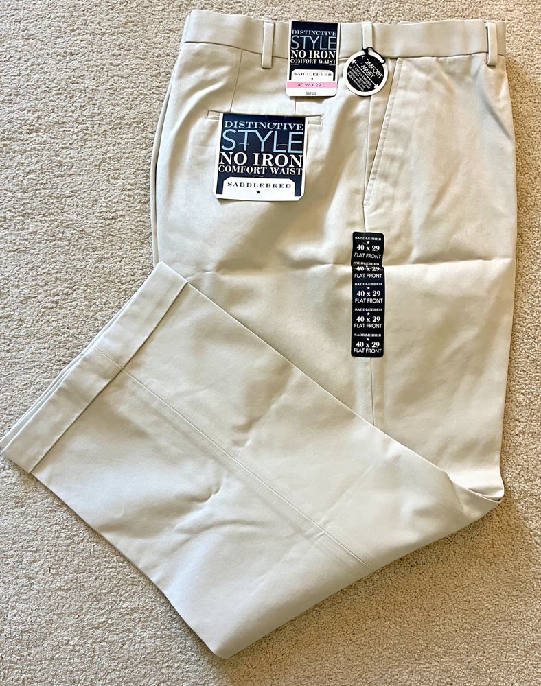 NWT Saddlebred Pants Men 40 x 29 Lt Khaki No Iron Comfort Waist Cuffs Flat Front