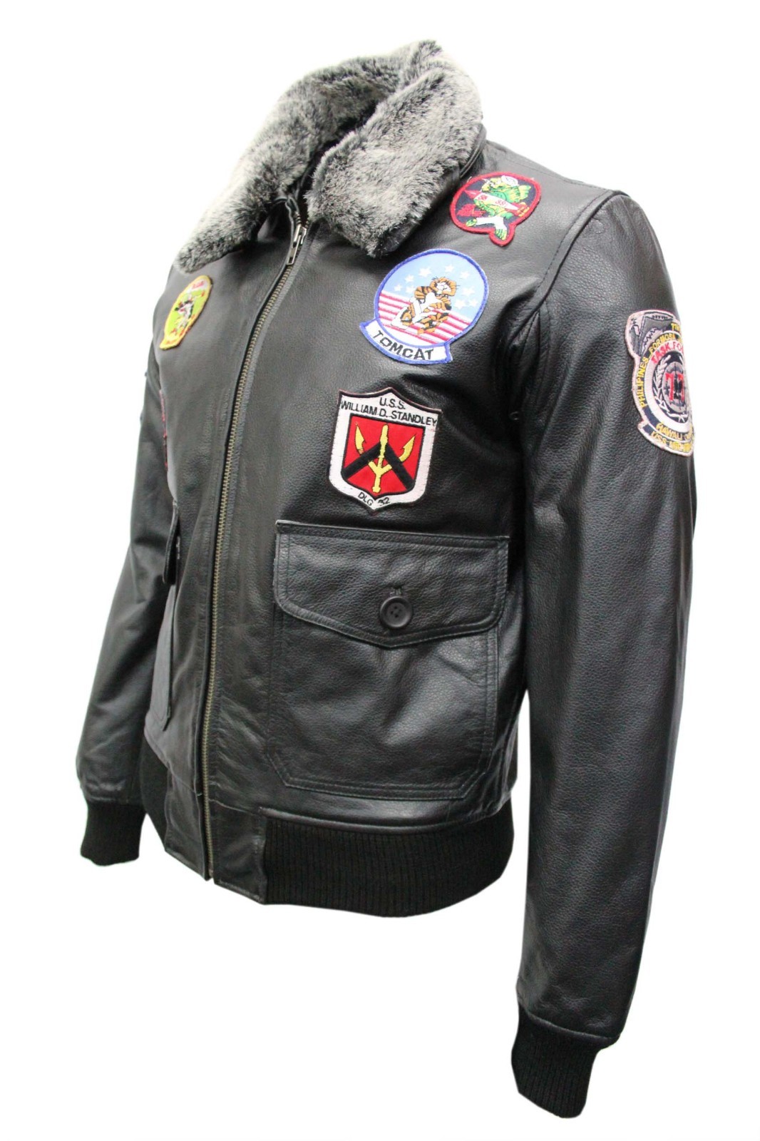 Mens Top Gun Badges Fur Bomber Air Force Style Black Real Cowhide