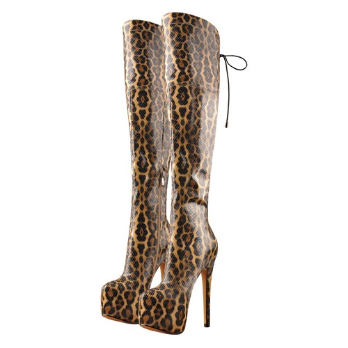 Botas de plataforma de tacón alto para mujer Onlymaker de leopardo sobre la rodilla con cordones zapatos - Imagen 9 de 12
