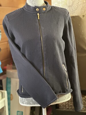 Chaps Sweater Jacket Womens Lg Navy Zipper Cardigan Long Sleeve Mock Neck Preppy
