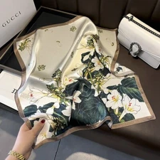100% Silk Square Scarf Small Bandana White Green Flower Kerchief Turban 53*53cm
