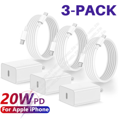 3 Pack 20W For iPhone 14 13 12 11 PD Fast Charger Cable USB-C Power Adapter Lot
