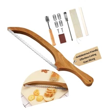 KORCCI Serrated Bread Knife with Accessories - 15.7" Acacia Wood Bow, Double ...