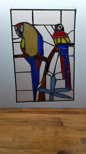 Vintage Tiffany Style Stained Glass Window Panel Colorful Parrot Bird flower