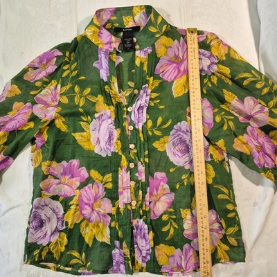 Smythe Frontier Blouse Forest Floral Green Purple Cotton Pintuck Top Small S