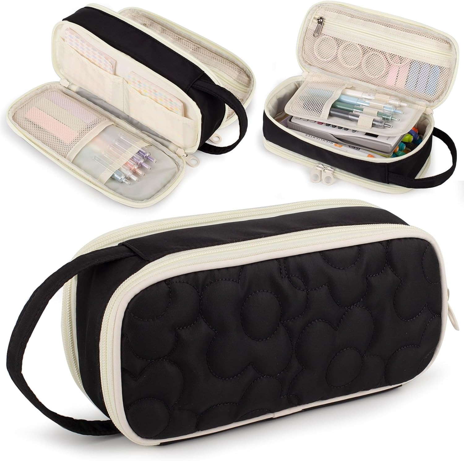 Pencil Case For Girls,Flower Quilted Large Capacity Pencil Pouch With 2 Compartm