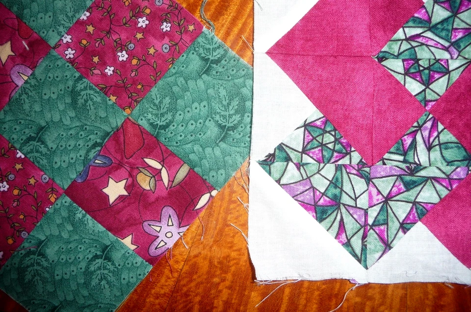 Lot of 3 Florals Wine and Forest Green Quilt Blocks 6 x 6 inches - Image 2 of 3