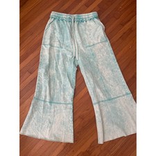 Sage  Fig Turquoise Acid Wash Wide Leg Pants Cotton Boho Paperbag Waist Small