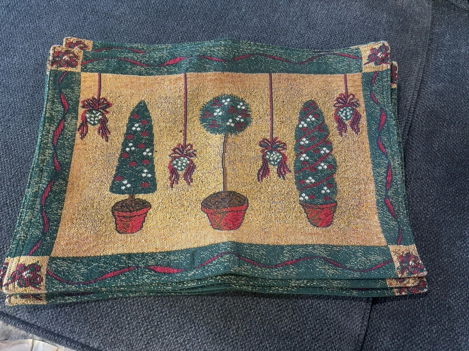 6er Set Vintage gewebte Quilt Tischsets mit Weihnachtsmotiv und Schleifen