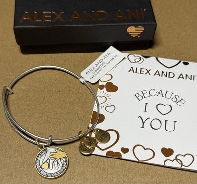 Alex and Ani Bracelet Hand In Hand Charm Because I Love You Silver Tone NWT