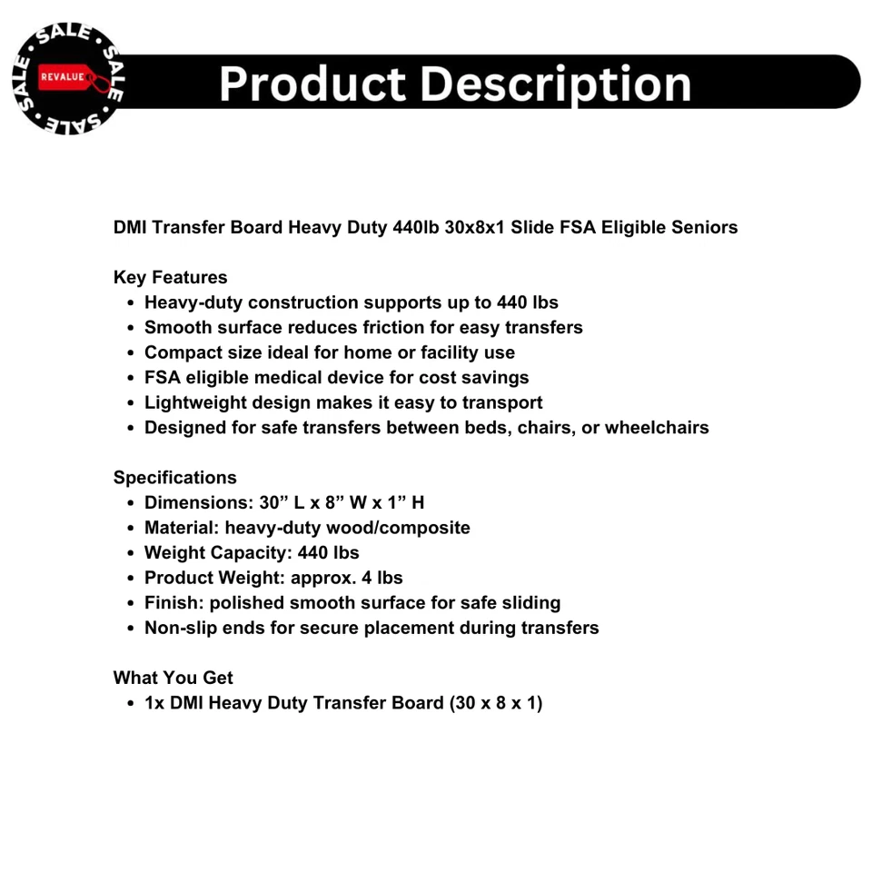 DMI Transfer Board Heavy Duty 440lb 30x8x1 Slide Seniors - Image 2 of 4