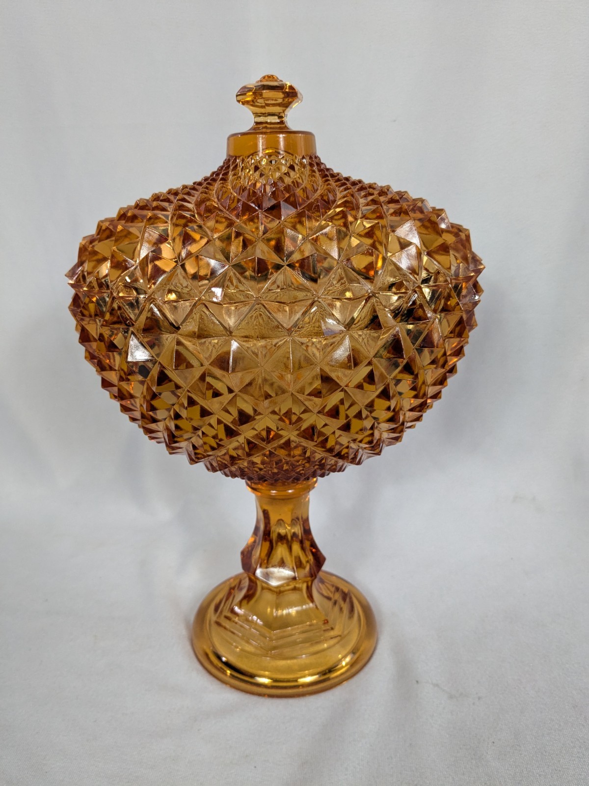 Vintage Amber Diamond Point Westmoreland Glass Lidded Candy Bowl 14 Inch