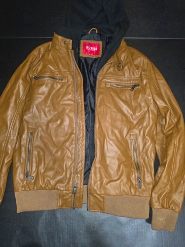 GUESS Men's Brown Faux Leather Lined Bomber Jacket Full Zip Size M video thumbnail
