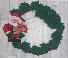 Plastic Canvas Needlepoint Wreath Christmas Santa Holly Leaves Decor