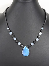 Beachy Coastal Gray Hematite Stone Opaque White Teardrop Glass Necklace 20 inch