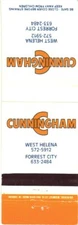 West Helena, Arkansas Forest City Arkansas Cunningham Vintage Matchbook Cover