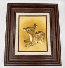 Vtg Peggy Harris Deer Fawn Original Oil on Canvas Signed 1980 Cottage Core Decor