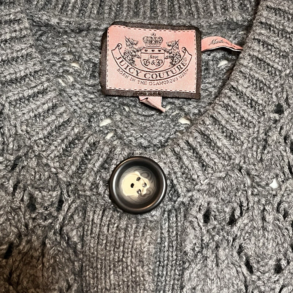 Cárdigan Juicy Couture Gris Tejido Abierto Talla Pequeña Retro Puños Acanalados Festoneado Foto 3 de 4