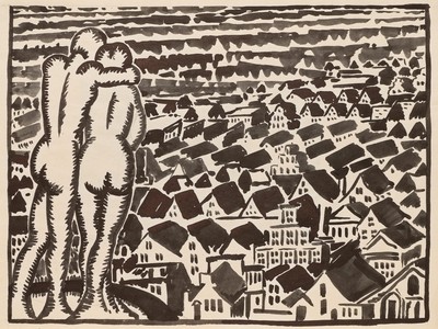 E. SCHIELE (20.Jhd), Paar über der Stadt, Tusche Moderne Akt 1925-1949 1925-1949
