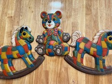 Vintage Patch Quilted Teddy Bear Foam Craft Art Wall Hanging Rocking Horse