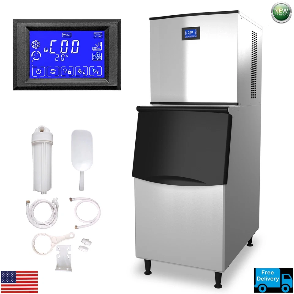 TECSPACE Commercial 110V 1200W Freestanding Ice Maker - 550LBS/24H + 350LBS Bin