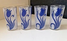 Mid Century 8 Oz Glasses Coolers Retro Blue & White Tulips Federal Glass USA