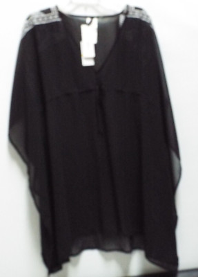 Jantzen Womens Semi Sheer Loose Black Top Embroidered M NWT MSRP $72