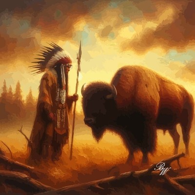 Native American Indian and Buffalo 2